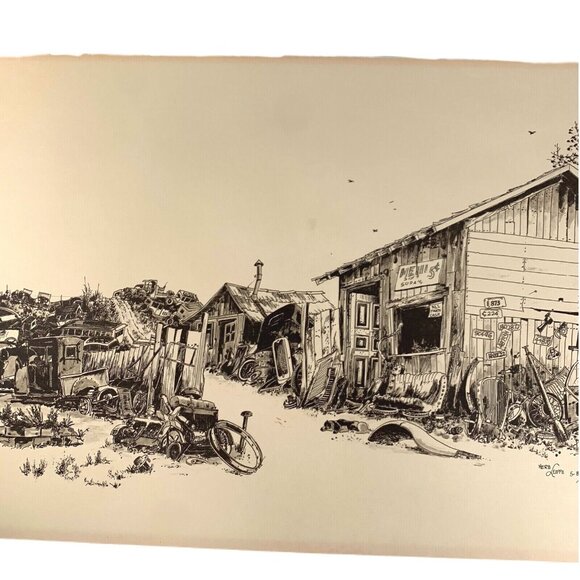 1984 Herb Leippe Handsigned Art Poster junkyard cars Santa Cruz sketch sepia - Picture 4 of 9